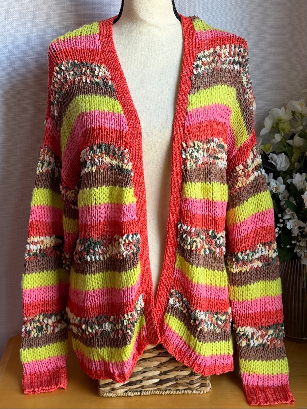 Rehab Neon Pink Yellow Brown Striped Open-Front Cardigan